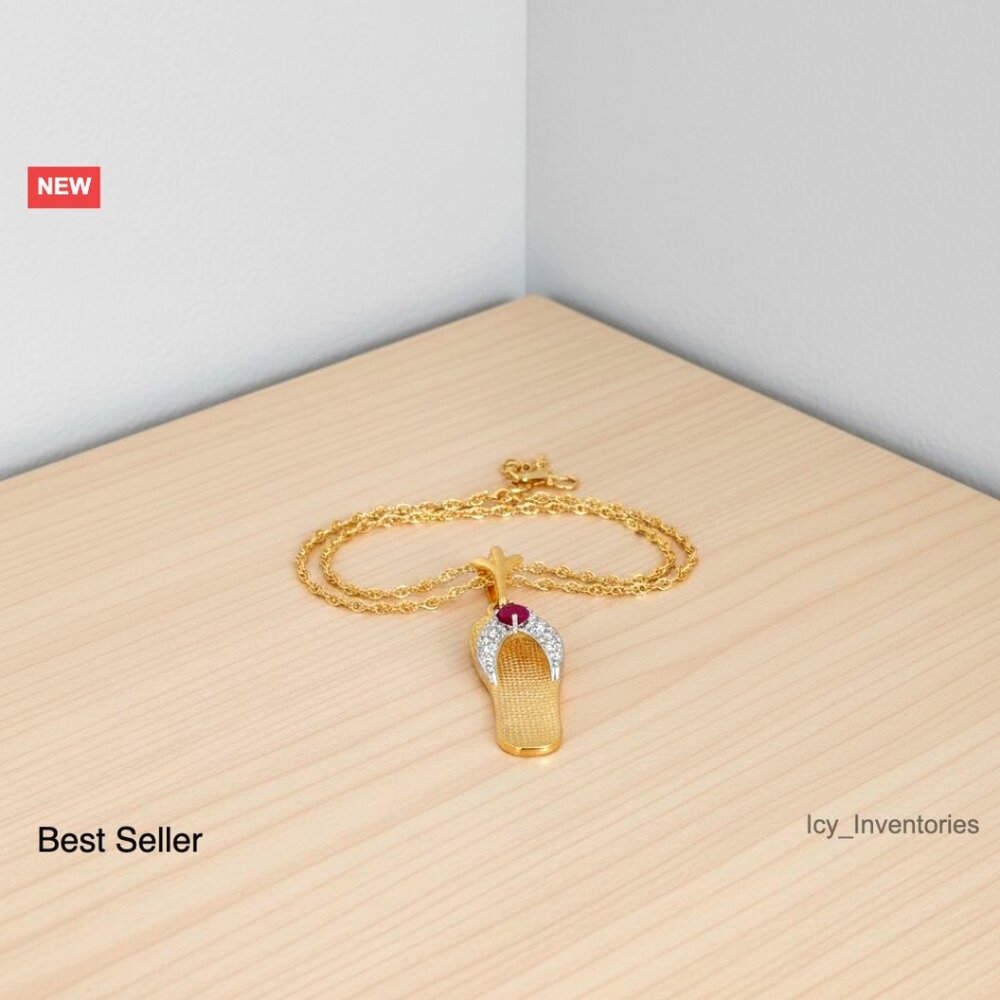 14k Solid Gold Ruby Flip Flop Pendant Necklace El… - image 1